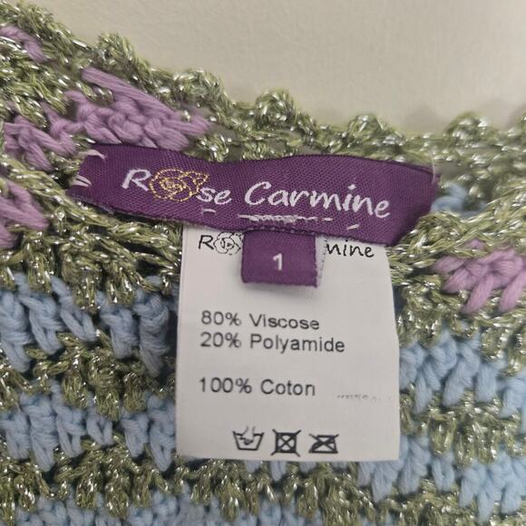 Rose Carmine Crochet Metallic Striped Tank Top Size 1 S M Pastel Handmade Knit - Picture 6 of 8